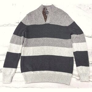 Men's Chaps Grey Henley Tight Knit Sweater With Brown Suede Placket Preppy Small